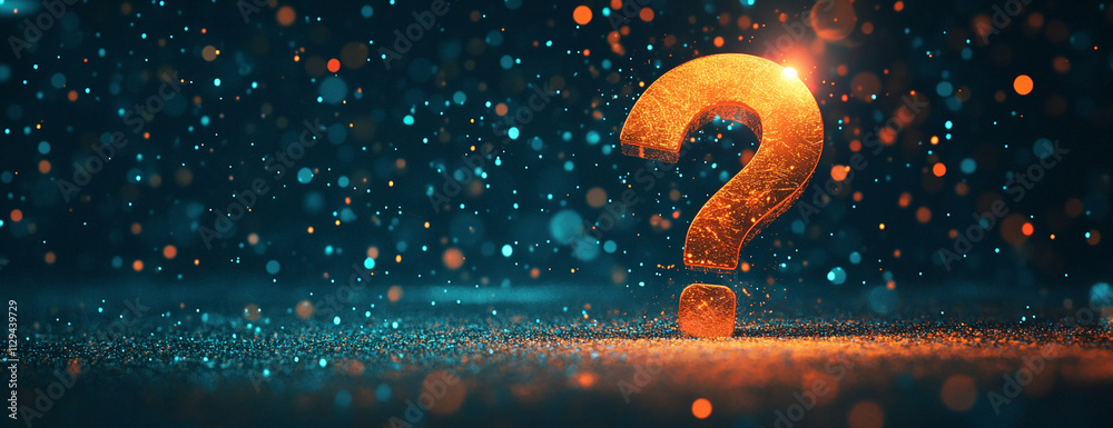 Poster Unanswered questions illuminated by glowing particles in a dark environment create a sense of mystery and intrigue