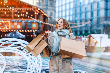 Enjoying a joyful shopping day at a festive market during winter