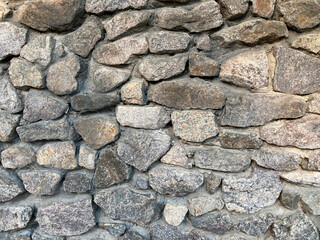 A close-up image of an old, irregular stone wall with stacked stones of varying sizes and shapes, interlocking mortar visible, no texts present