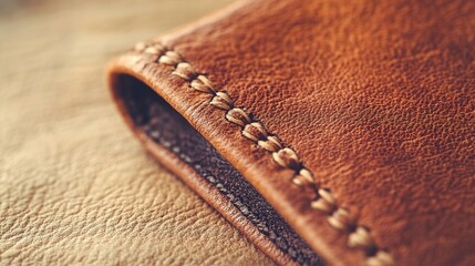 Close-up of brown leather goods with stitching detail.
