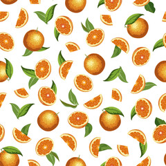 Oranges in color vector pattern.Whole and cut oranges on a white background in a color vector pattern.