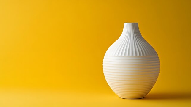 A white ceramic vase with minimalist grooves on a mustard yellow background.