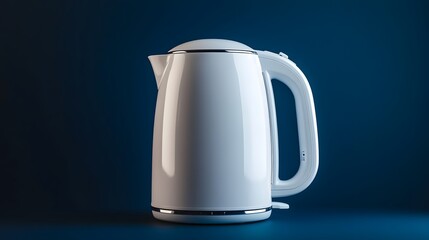 Fototapeta premium A white electric kettle with a glossy finish displayed on a rich navy background.