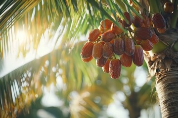 A vibrant close-up of date palm fruit hanging from a lush palm tree, illuminated by soft sunlight, showcasing the tropical essence.