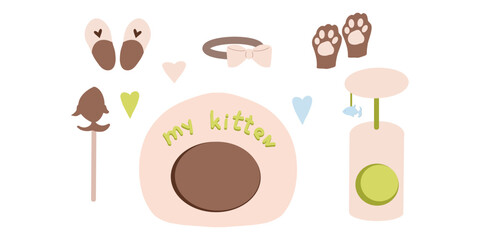 Pink Cat supplies clip art, pet accessories clipart, bed, paw, fish, slippers, scratching post. Pink vector illustrations

