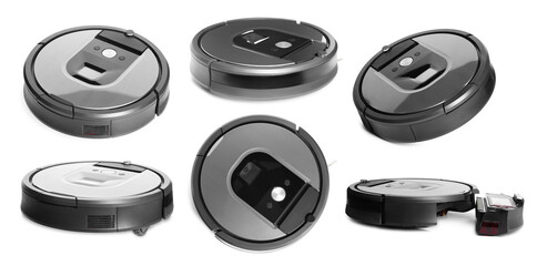 Modern robotic vacuum cleaner isolated on white, collage