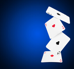 Four aces in air on blue gradient background, space for text. Poker and other card games
