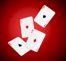 Four aces in air on red gradient background. Poker and other card games