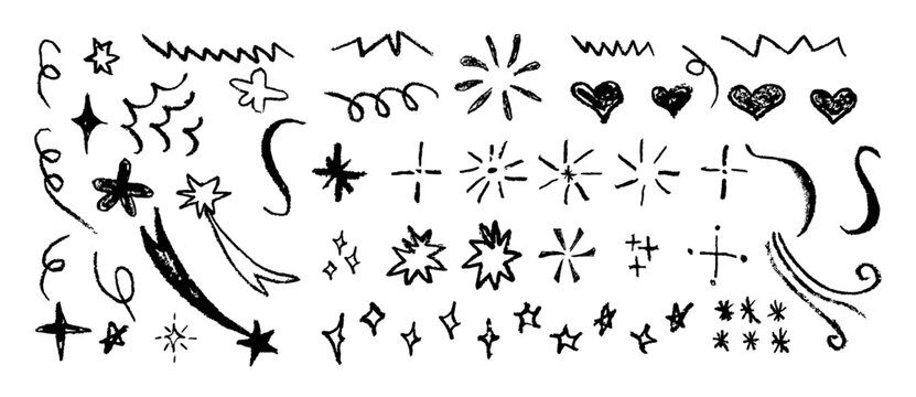 Set of black chalk drawing elements. Shine or sparkle, hearts and stars doodle collection. Children style black wax pencil handdrawing elements. Vector crayon scratch grunge texture shapes