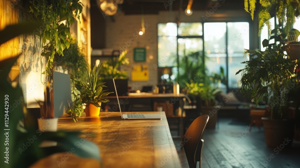 Poster bright and inviting workspace features abundant plants and natural light. a wooden desk holds a lapt