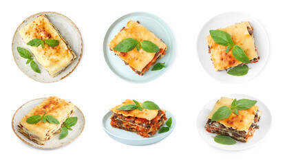 Pieces of delicious lasagna isolated on white, set. Top and side views