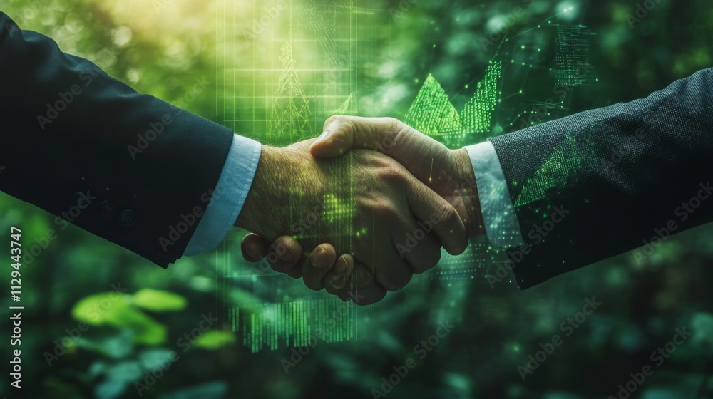 Poster Two professionals are shaking hands in a green environment, symbolizing a partnership focused on sustainable finance. Digital overlays represent growth and innovation in investment strategies.