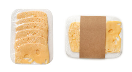 Packages with sliced cheese on white background, top view