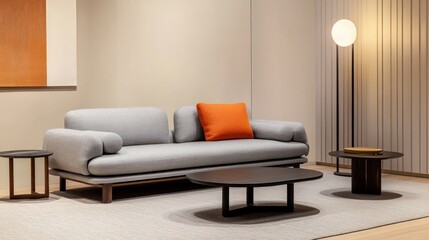 Modern living room with gray sofa, orange pillow, coffee table, and floor lamp.