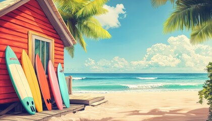 A vibrant beach scene featuring a colorful surf shack, surfboards, and a picturesque ocean backdrop with palm trees and a clear sky.
