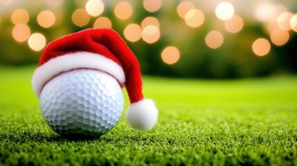 a golf ball sitting on a tee, wearing a santa hat, green in background  copy space