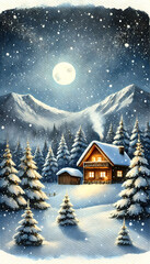 Fototapeta premium Magical Winter Night: Illuminated Cabin Amid Snowy Forest and Majestic Mountains