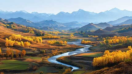 Scenic autumn landscape with river, mountains, and golden trees.