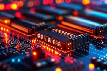 A close up of a computer motherboard with many memory modules