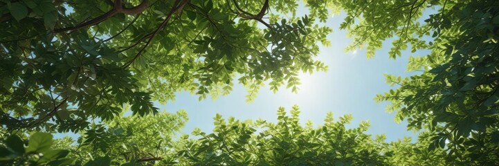 Fototapeta premium A dense thicket of green leaves and branches under a sunny sky, natural surroundings, earthy tones