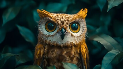 A charming portrait of a plush owl with embroidered details set against a dark forest green background.