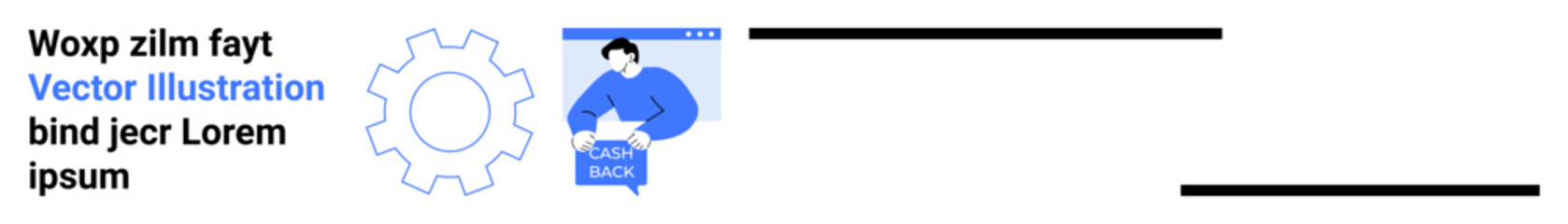 Blue and white vector showing a person holding a Learn More sign, next to a gear symbol and placeholder text. Ideal for education, technology, business, tutorials, infographics, presentations