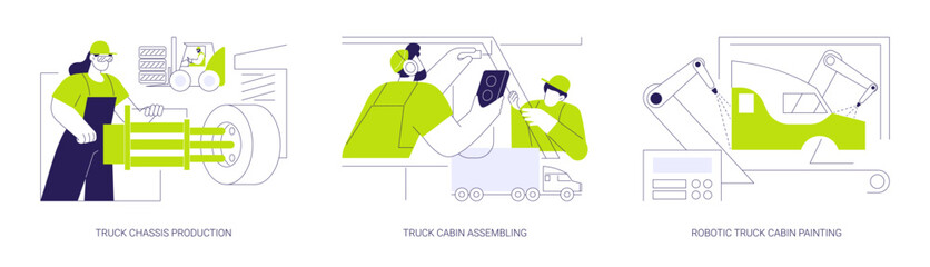 Truck manufacturing abstract concept vector illustrations.