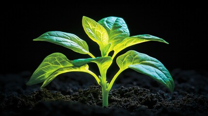 Vibrant Green Plant with Glowing Leaves Against Dark Background