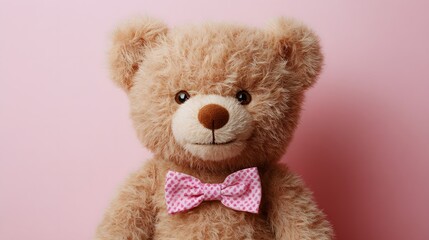 Obraz premium A close-up portrait of a fluffy teddy bear with a bowtie sitting against a soft pastel pink background.
