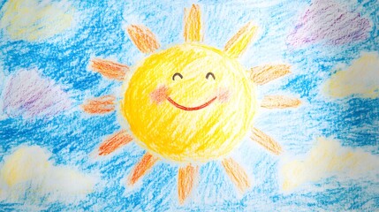 A colorful kids drawing of a smiling sun with rays reaching out surrounded by fluffy clouds.