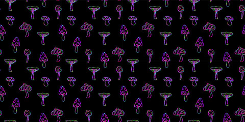 Fantasy mushrooms seamless pattern. Line art funny floral elements. Mushroom sketch wallpaper in 1960s or 1970s style in neon pink and green. Vector groovy background drawn by crayon pencil