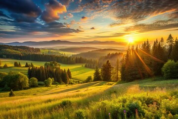 Obraz premium Golden hour sun rays illuminate a forest meadow at sunrise, a breathtaking panorama.