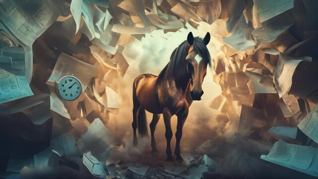 A horse stands amidst swirling papers and clocks, a surreal and dreamlike image. Ideal for art, fantasy, and conceptual projects.. AI Generation