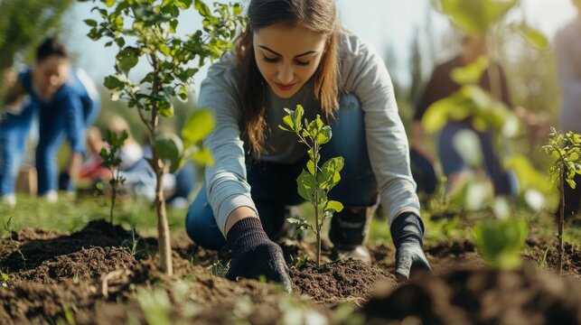 Volunteers participate in a community tree planting event aimed at promoting sustainability and environmental stewardship. The activity takes place in a lush green park under bright sunlight.