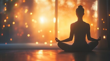 Woman meditating in lotus pose at sunset.