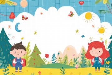Obraz premium Printable kids background featuring cheerful children in a colorful outdoor setting