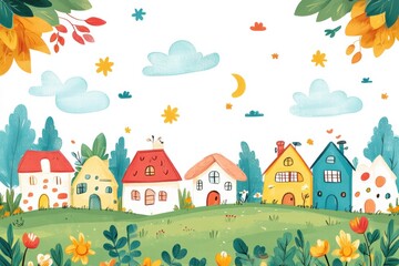Bright and cheerful printable background featuring colorful houses and a vibrant landscape for kids