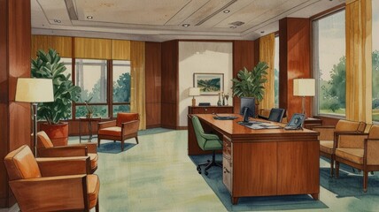 Modern Office Interior Design Watercolor Rendering