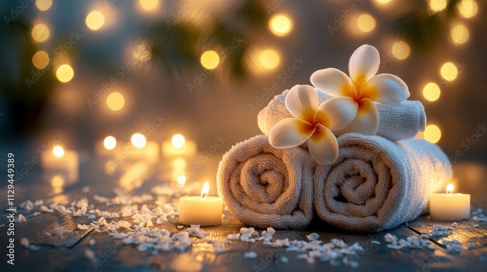 Poster soft towels are elegantly arranged alongside fragrant flowers and flickering candles, creating a cal