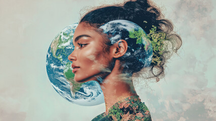 Intriguing collage of woman and Earth imageries. Generative AI image