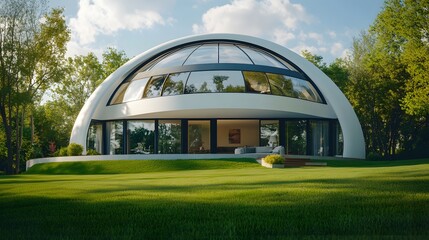 A futuristic luxury dome home with seamless glass panels and a minimalist aesthetic.