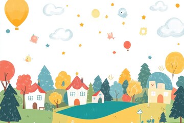 Fototapeta premium Colorful printable background featuring a whimsical village with hot air balloons
