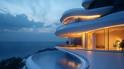 A futuristic luxury house with smooth flowing curves and illuminated terraces overlooking the ocean.