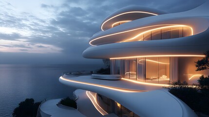 A futuristic luxury house with smooth flowing curves and illuminated terraces overlooking the ocean.