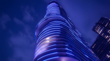A futuristic luxury skyscraper with a spiral staircase fa&ccedil;ade and glowing blue accents at night.