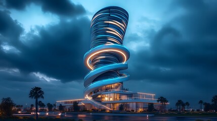 A futuristic luxury skyscraper with a spiral staircase fa&ccedil;ade and glowing blue accents at night.