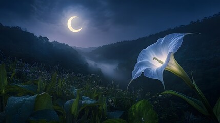 A giant glowing moonflower blooming in a misty valley under a crescent moon.