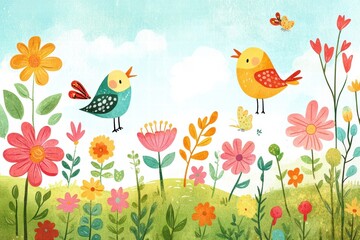 Obraz premium Bright and cheerful printable background featuring singing birds and vibrant flowers in a sunny garden