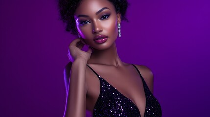 A glamorous model in a sequined cocktail dress posing confidently against a rich purple background.