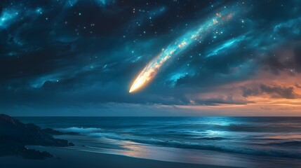 A glowing comet descending into a magical ocean casting vibrant light across the waves.